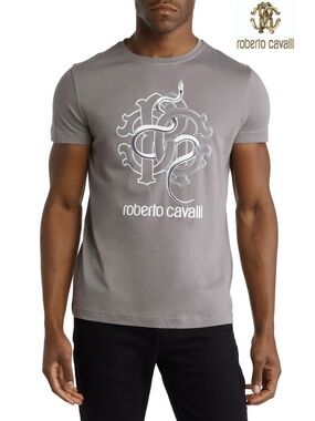 ROBERTO CAVALLI SNAKE GRAPHIC CREW NECK GREY COTTON TEE. SIZE XL